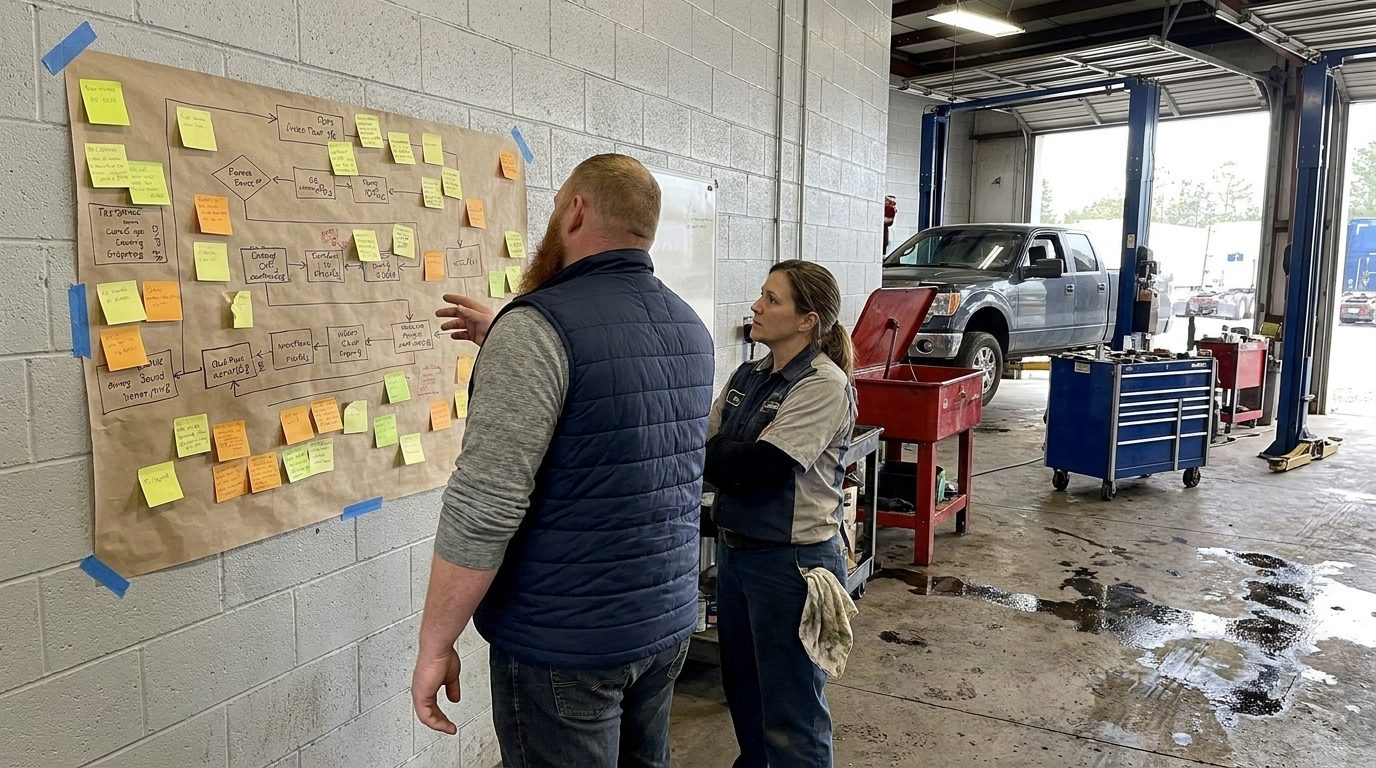 Tyler Johnson and a technician standing at the wall of a small fleet repair garage, facing a large hand-drawn process map taped up on butcher paper and covered in sticky notes. Tyler gestures at a step. A pickup on a lift in the open bay behind them.