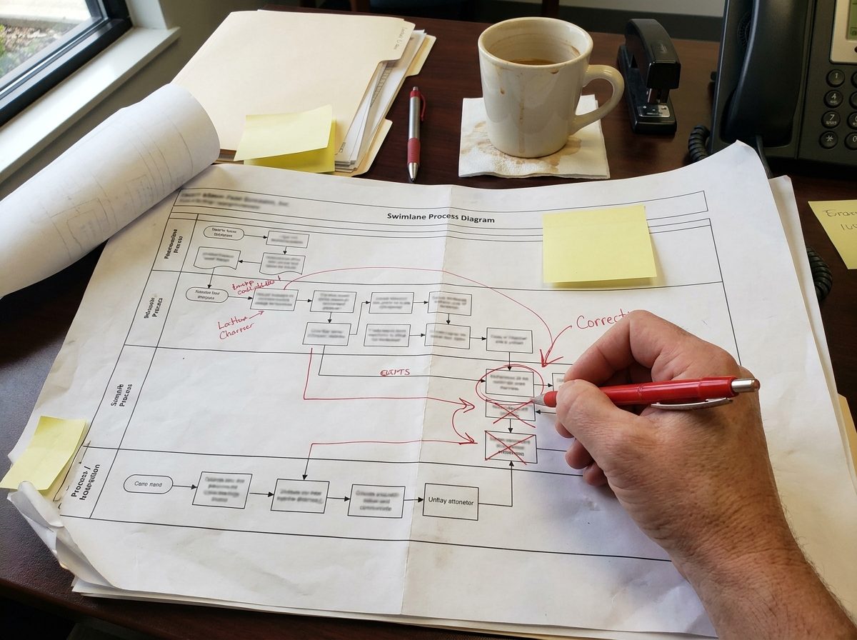 Looking down onto the desk of a small office. A printed swimlane process diagram is spread flat and a hand with a red pen is circling one box and crossing out two others, corrections already drawn across several more. A used coffee mug, sticky notes, a stapler and a desk phone around the edges.