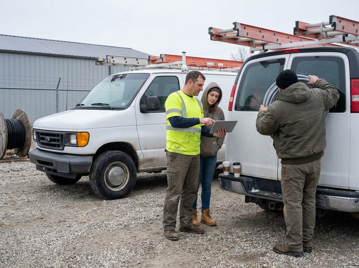 Three crew members in the gravel yard of a small electrical contractor early on a cold morning. One holds a tablet flat and points at it, a second leans in to look, and a third loads a coil of conduit into the back of a van. Coffee cups sit on the bumper.