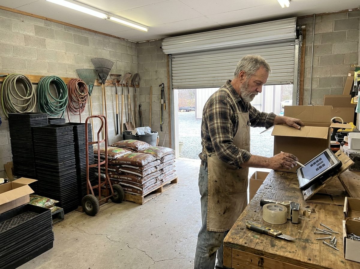 A man in a canvas store apron at the receiving bench of an independent garden centre, lifting an item out of an opened carton with one hand and tapping a tablet propped on a stand with the other. Nursery flats, bagged soil and hand tools around him.