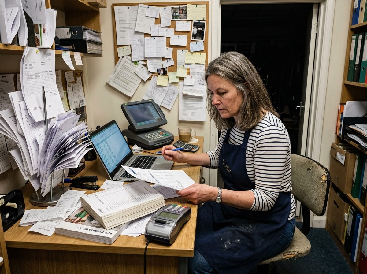 The owner of an independent store working alone in a cramped back office after close, a printed report in one hand and a pen in the other. Around her: a point-of-sale terminal, a laptop with a spreadsheet open, an invoice spike stuffed with paper, a supplier catalogue and a card reader. Five surfaces, none of them connected.