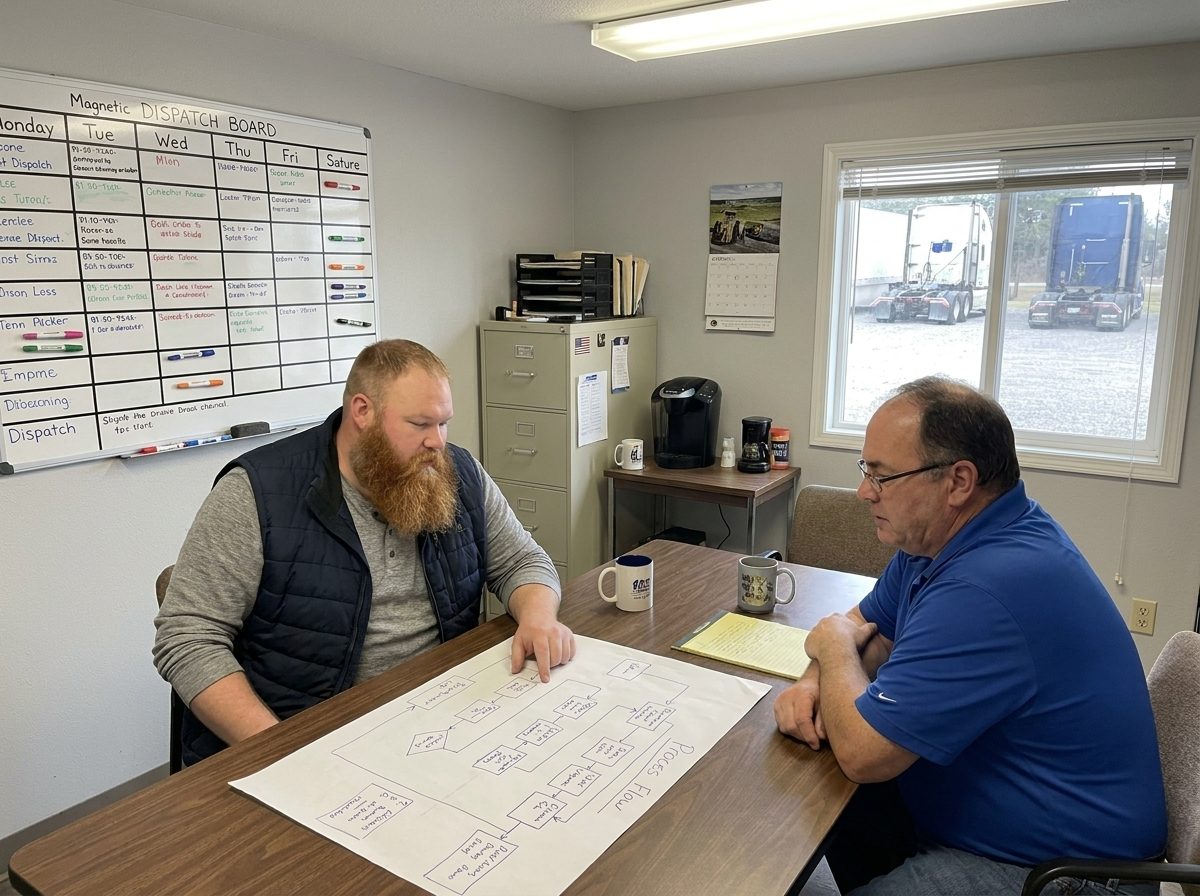 Tyler Johnson and a business owner sitting across the table in the office of a small trucking company, a hand-drawn process flow on butcher paper spread between them and Tyler pointing at a step. A magnetic dispatch board on the wall behind, tractor units visible through the window.
